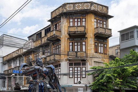 Bangkok, Thailand. August 18th 2026. The Optimus Prime statue in front of the traditional