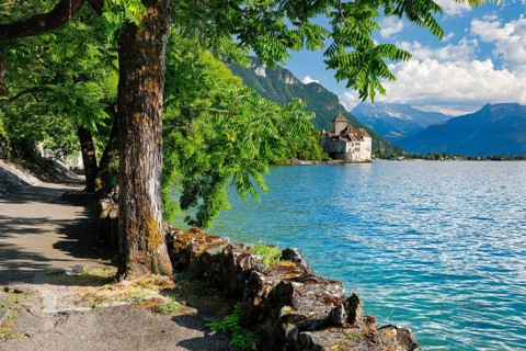 Chillon Castle on Geneva near Veytaux, Canton of Vaud, . switzerland