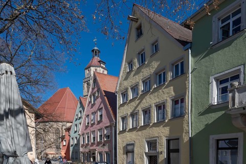 Historic house gables and the tower of St Andrew's Church, Weißenburg, Middle Franconia, Bavaria,