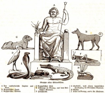 Group of old images of gods, epistle Paul to the Romans, New Testament, letter, Jupiter from Rome,