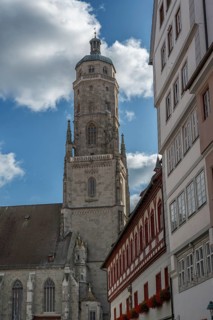 Tower of the late Gothic St George's Church, built between 1427 and 1505, Nördlingen, Bavaria,