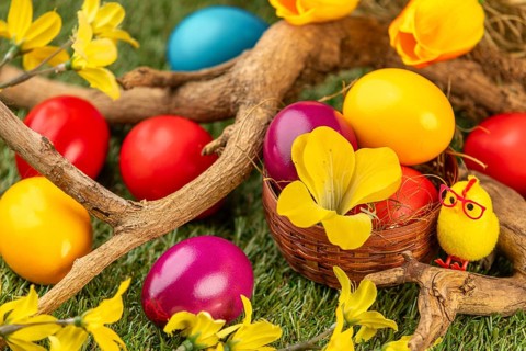 Colourful Easter eggs in and around a small basket, branches and blossoms on grass