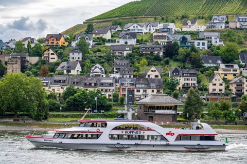 Excursion boat Boppard, on the Rhine in the Upper Middle Rhine Valley, backdrop of the town of