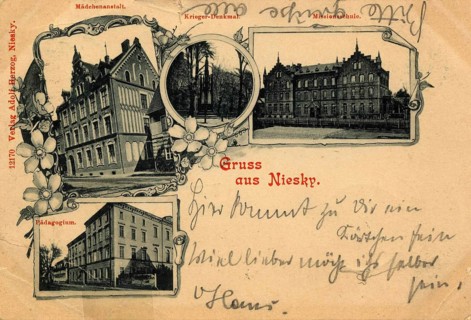 Postcard from 1900 shows important buildings and a monument in Niesky, Saxony. Niesky is known as a
