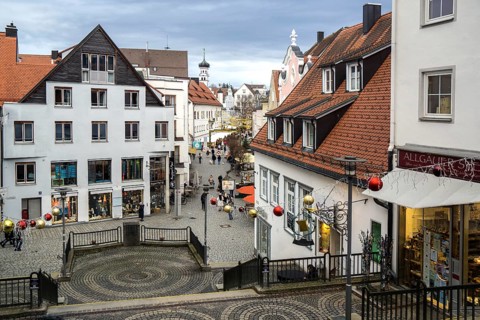 View from the staircase to the town hall square, behind the town hall, Kempten, Swabia, Allgäu,