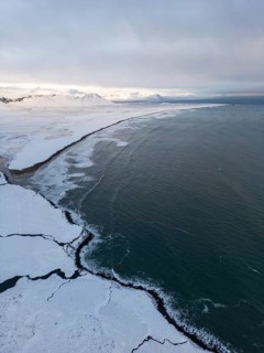 Aerial view of Iceland's snowy coastline, where rugged cliffs meet the cold Atlantic Ocean. The