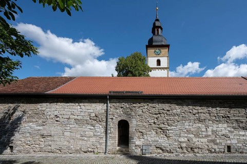 Medieval curtain wall of the historic fortified church, Hüttenheim, Lower Franconia, Bavaria,