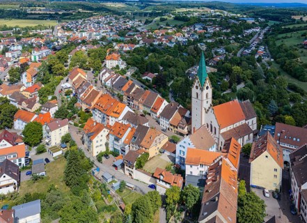 City view of Engen in Hegau. Old town with church. aerial view. Engen, Baden-Württemberg, Germany