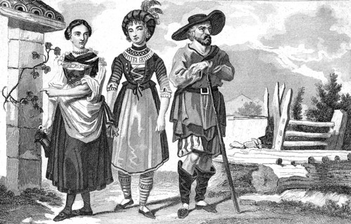 Traditional clothing styles and culture from the 19th century. Farmers from Tyrol, illustration,
