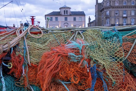 A pile of fishing nets, The Pier restaurant, Harwich, England, Great Britain