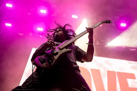 Bass player Skyler Acord from the US post-hardcore band Letlive on the Orbit Stage during the Rock