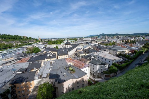 View of the city of Salzburg from Kapuzinerberg with Trinity Church and Mirabell Palace, Salzburg,