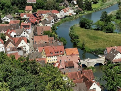 View from above of the town and the river Wörnitz, Harburg, Donau-Ries district, Swabia, Bavaria,
