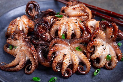Grilled baby octopus, served with chopsticks, on a black plate, homemade, no people