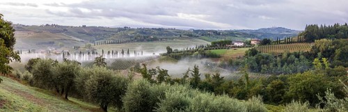 Panorama with the typical hills of Tuscany with olive groves, vineyards and cypresses in the
