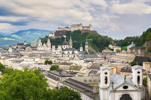 View of Salzburg with Hohensalzburg Fortress in the background and the historic city centre in the