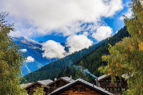 Roofs covered with hoarfrost, fog rising, Grimentz, Val d'Anniviers, Valais Alps, Canton Valais,