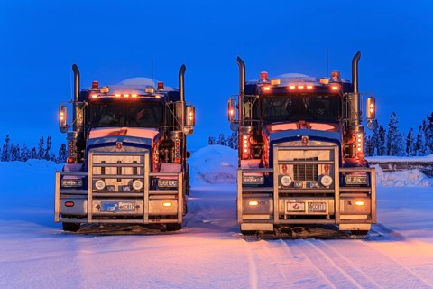 Truck, trucks, running engine, snow, winter, cold, Arctic, Eagle Plaines, Dempster Highway, Yukon,
