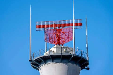 Radar tower used for air traffic control and airspace monitoring at Polderbaan, a runway west of