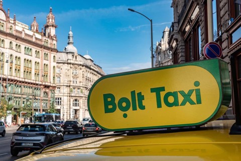 Budapest, Hungary. October 1st 2023 Sign for Bolt, an Estonian ride-hailing taxi company in central