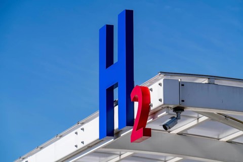 Hydrogen filling station in Antwerp, for cars and lorries, H2 lettering, Belgium
