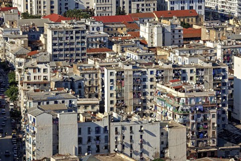Dense cluster of white buildings with many windows in an urban setting, view of the city of Algiers