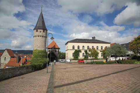Schlossplatz with Hexenturm and Graf Ludwig School, Bad Homburg, Taunus, Hesse, Germany
