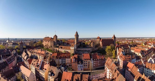 Aerial view, panorama of Nuremberg's old town with the historic Kaiserburg, Nuremberg, Middle