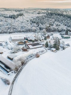 Snowy rural scene with forests and various buildings, Haselstaller Hof, district of Calw, Black
