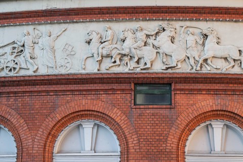 Neoclassical frieze, cinema façade of Palads Theatred, Copenhagen, Denmark