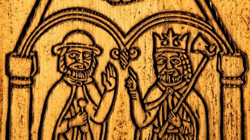 Pilgrim and Olav the Saint or Olav II Haraldsson with axe, wooden plaque on door with engraving, on
