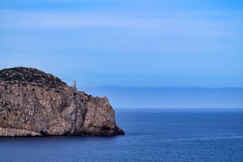 View of the lighthouse Far de Tramuntana, Dragon Island, Sa Dragonera, Tramuntana Mountains, Serra