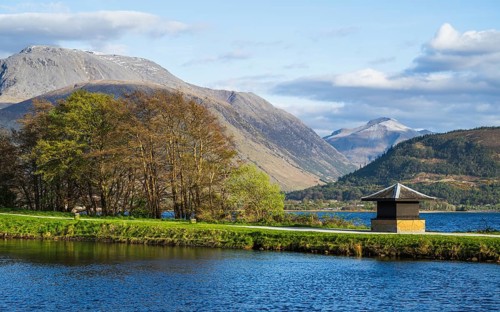 Caledonian Canal, Caol Beach and Nevis Range Mountains, Corpach, Fort William, Highland, Scotland,