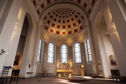 Interior view of classicist St. George's Church with chancel and dome in Bensheim, Hesse, Germany