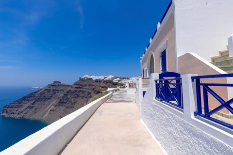 Greece Islands, scenic panoramic sea views of Santorini island from Fira village