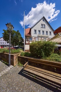 Erbacher brewhouse, restaurant, lantern, bench, trees, blue sky with cumulus clouds,