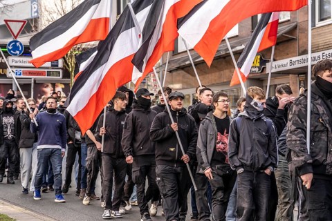 The neo-Nazi group Jung und Stark, JS, demonstrates in the city centre of Essen, demanding the
