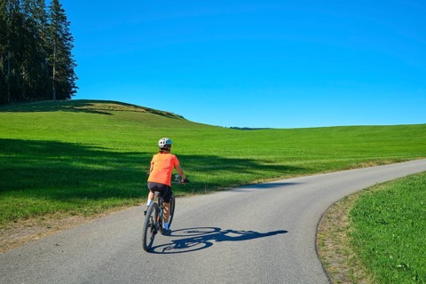 Active senior woman rides her electric mountain bike in Westallgäu near Lindenberg, Bavaria,