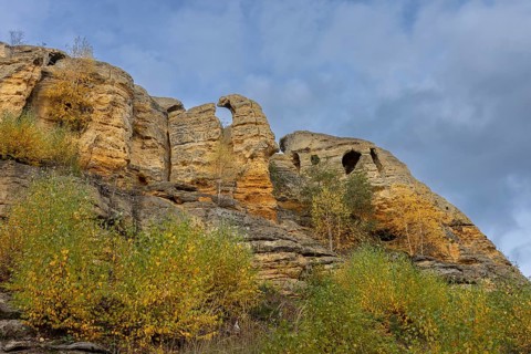 Klusfelsen, sandstone rock formation in Goslar near Halberstadt on the edge of the Harz Mountains,
