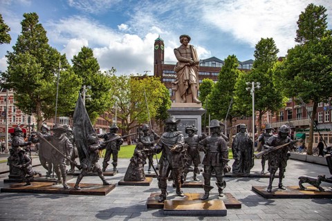 Rembrandt monument with sculptures of the Night Watch in the Dutch capital Amsterdam, North