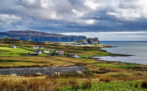 Farms over Loch Harport, Drynoch, Isle of Skye, Scotland, UK