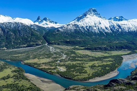 Confluence of river Estero Parada flowing into Rio Ibanez, aerial view at Mirador Rio Ibanez,