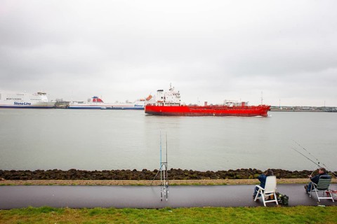 Anglers on the Rhine in the harbour of Rotterdam, Netherlands