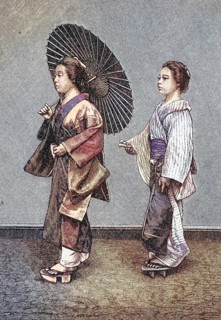 Japanese female life, woman with servant on the street, parasol, Japanese woman, around 1885,
