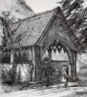Illustration shows the wooden porch, of St Giles Parish Church in Stoke Poges, a community in the