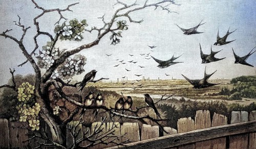 Swallows in spring, tree blossom, Deutschland, 1880 / Schwalben im Frühling, Baumblüte, 1880,