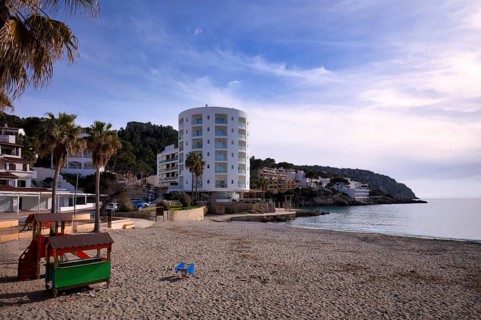 Sandy beach beach, playground, Universal Hotel Aquamarin, Sant Elm, San Telmo, Andratx, Majorca,