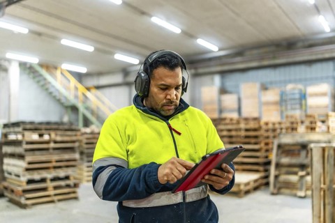 Worker using digital tablet while arranging pallets to reuse in a recycling plant
