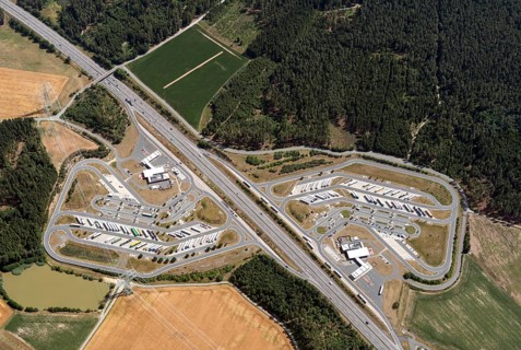 Aerial view, Czechia, Germany, border crossing, highway, customs, parking lot, truck, road,