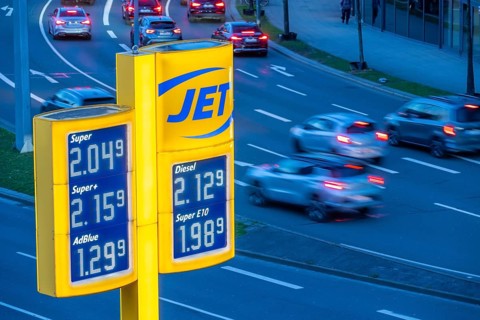 Gas station, high fuel prices due to the war in the Middle East, display board, jet gas station at